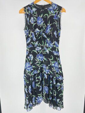 Jason Wu Collection Midi Dress 4 Black Blue Floral Tiered Chiffon Asymmetrical